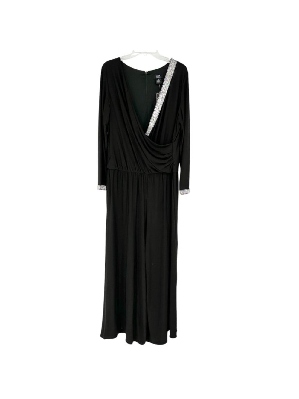 MSK Elegant Jumpsuit Womens 2X Black LS Rhinestone Trimmed Draped Neckline